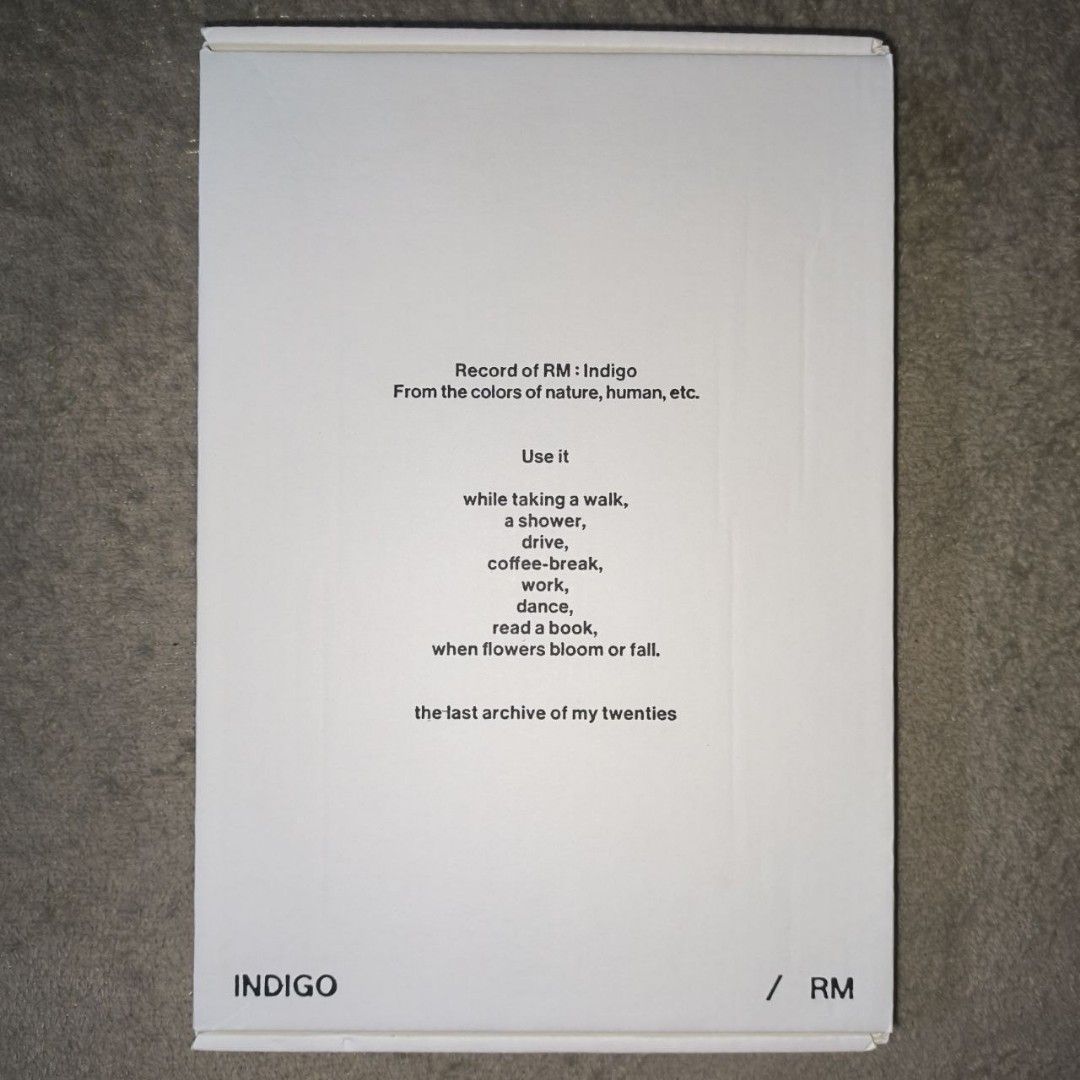 RM Indigo Album (Book Edition) (Category: CDs & DVDs) located in Baguio. Submitted by spamwithjake (Listing ID 1369913661, Image 1). Description: wts lfb bts ph rm indigo book edition — ₱550 3 days dop, ₱500 payo — unsealed, complete inclusion — onhand, mint condition — rbyt spamwithjake.carrd.co jungkook jimin namjoon suga yoongi jhope hoseok taehyung v jin seokjin.
