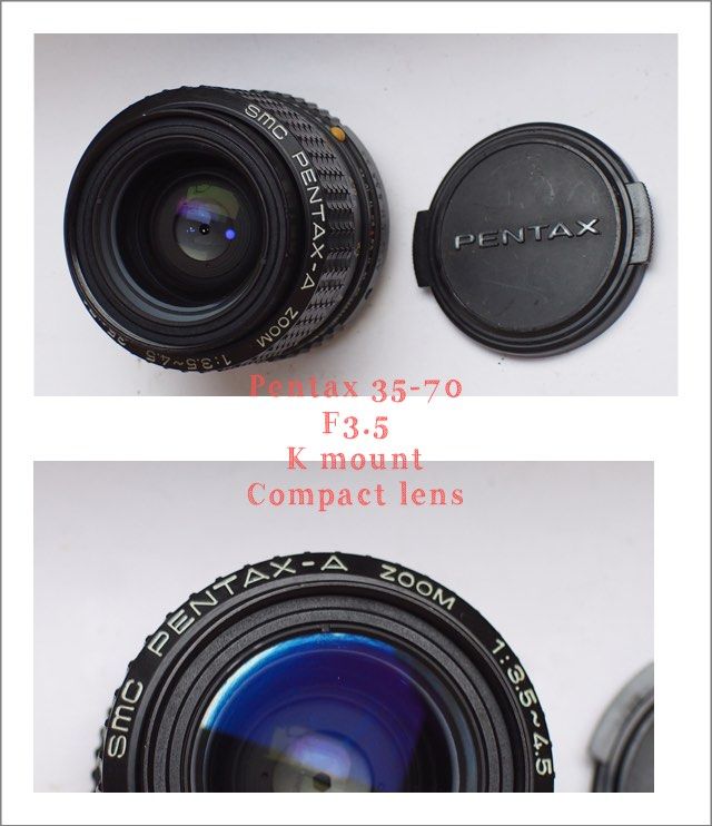 Smc Pentax -A zoom 35-70 f3.5 (Category: Lens & Kits) located in Las Pinas. Submitted by film101 (Listing ID 1369975813, Image 1). Description: SMC pentax -A zoom 35-70 f3.5-4.5 Inclusions:lens cap Good features macro lens Compact Super multi coated Focusing smooth 35-50-70 with lens guide Lens condition No haze No fungus Focusing smooth Apert snappy Good glass .