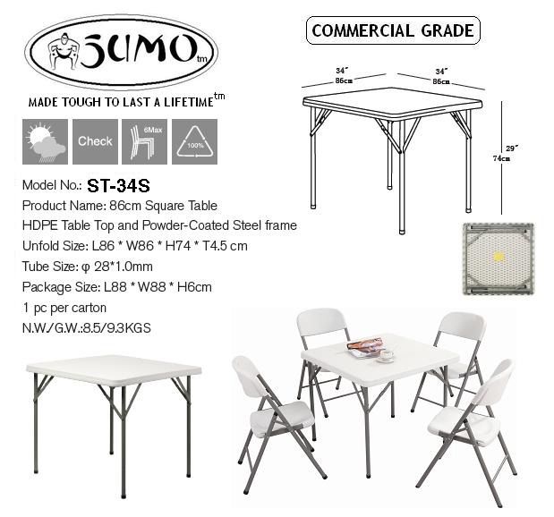 Sumo ST-34S Square 34 x 34" Solid Top table with Folding steel legs (Category: Tables & Sets) located in Quezon City. Submitted by costuless_qc_branch (Listing ID 1221931756, Image 3). Description: Item Code: ST-34S SALE PRICE: ₱2,299.00 Note: Price may change without prior notice. Sumo Square 34 x 34" Solid Top table with Folding steel legs ♡ Color: White ♡ Material: Plastic ♡ Commercial Grade 4-seater capacity ♡ Size(cm): L86 x W86 x H74 ♡ Powd