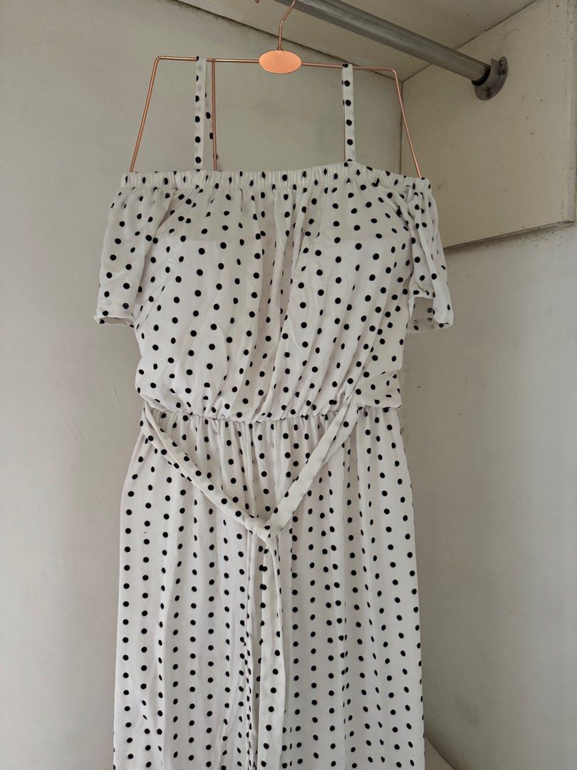 White Cotton Polkadots off-shoulder Jumpsuits / Romper Pants (Category: Jumpsuits) located in Mabalacat. Submitted by reaaa.apbp (Listing ID 1369892182, Image 1). Description: White Cotton Polkadots off-shoulder Jumpsuits / Romper Pants - never been used - soft cotton fabric - free size - garterized waist.