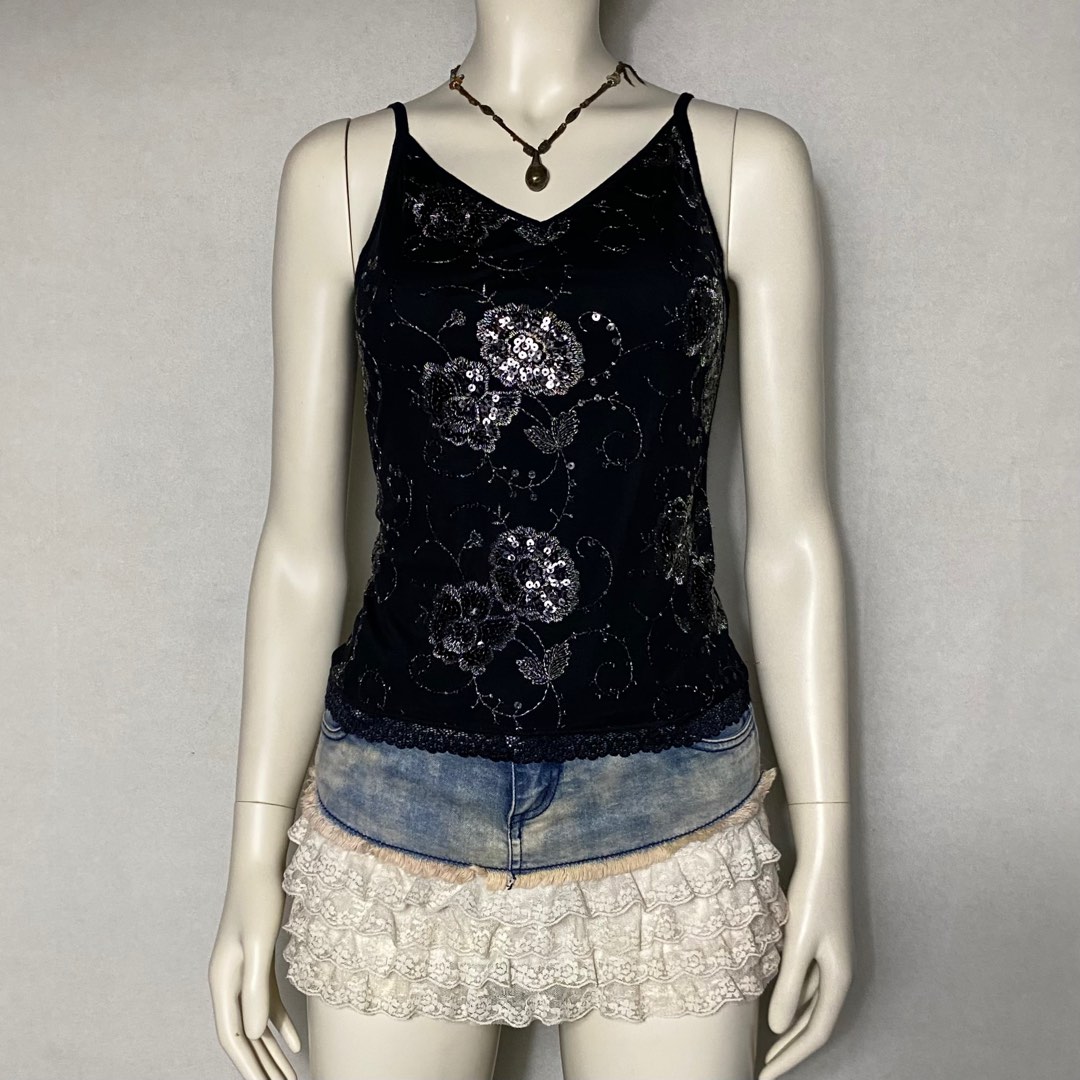 Y2K White Floral Sequin Wrap Top