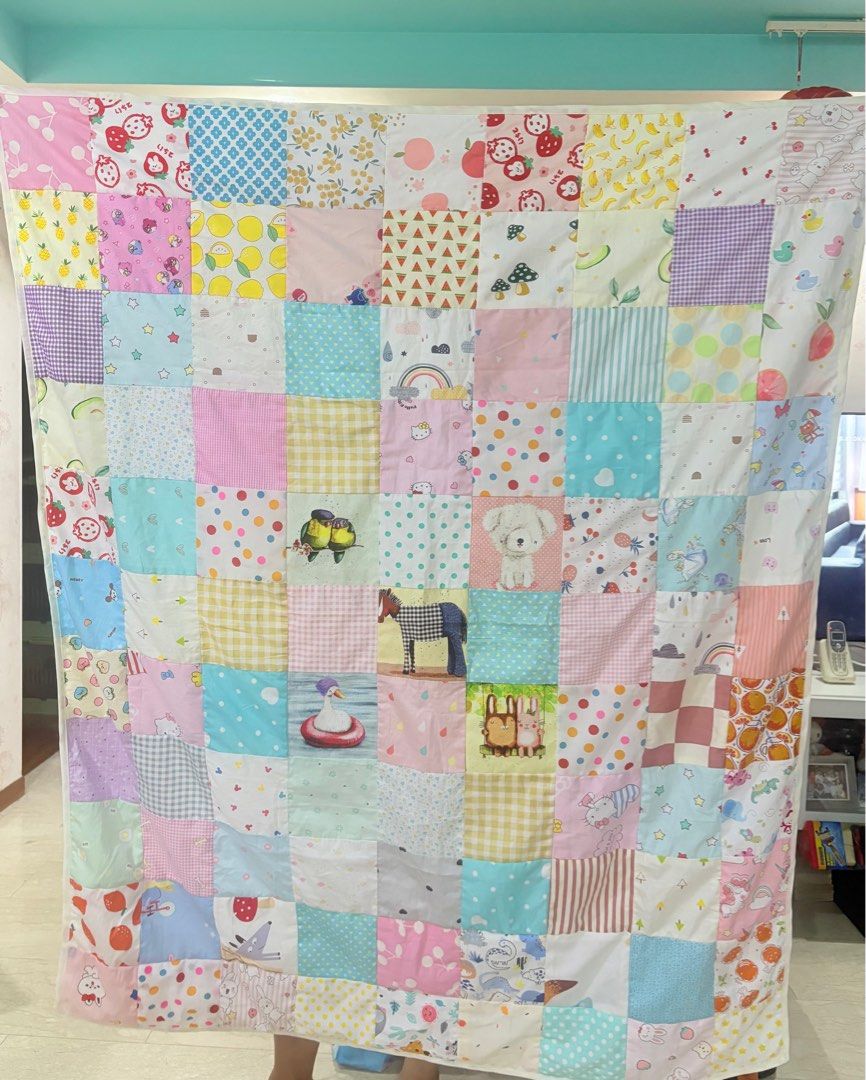 Animals square patchwork blanket (Category: Bedding & Towels) located in Singapore. Submitted by pigeon.wong (Listing ID 1366003473, Image 1). Description: Brand new and ready stock Handcrafted animals square patchwork blanket suitable for kids height below 140cm. Size: 119cm width x 143cm length Materials: cotton fabric Free organza pouch Price incl courier .