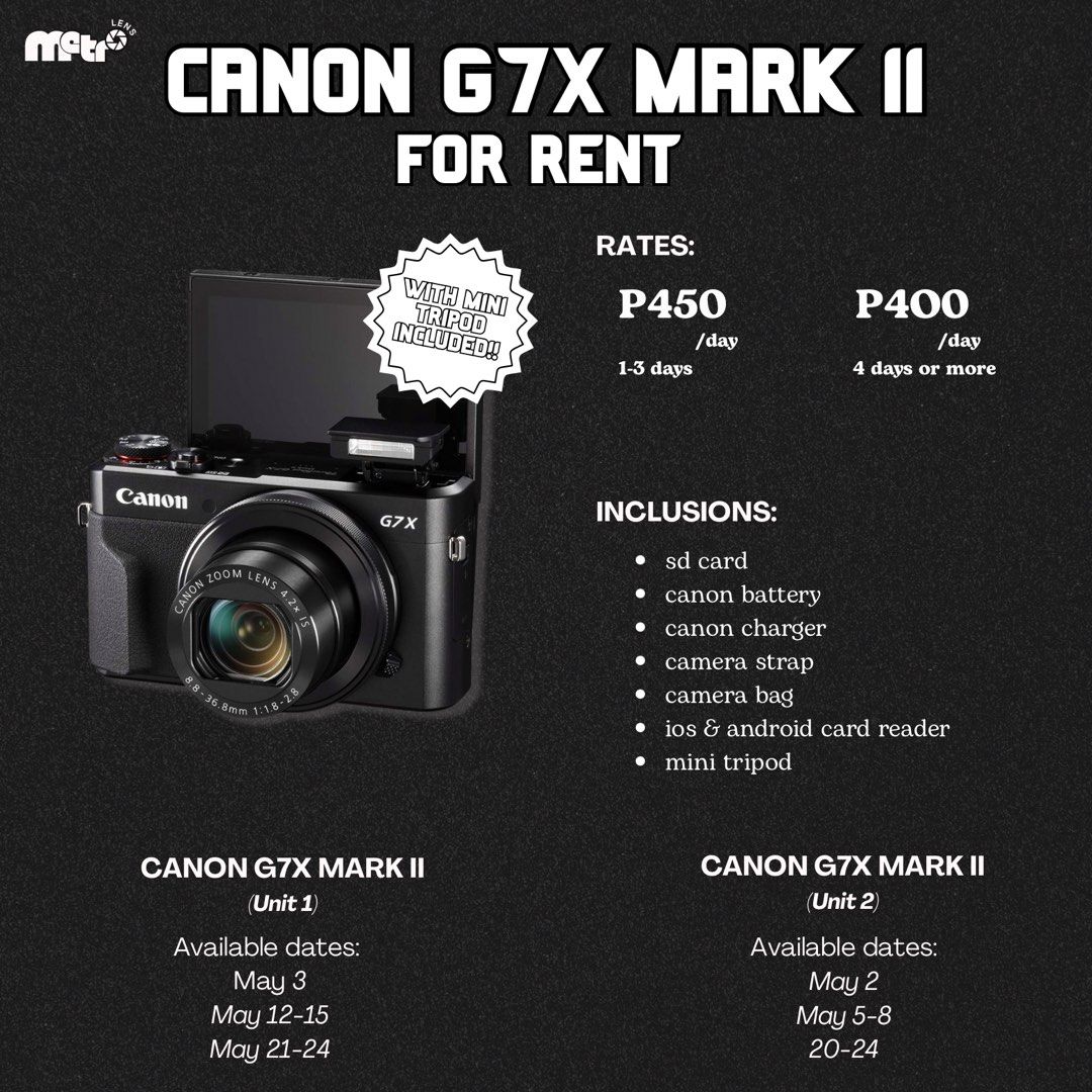 CANON G7X MARK II FOR RENT (Category: Cameras) located in Manila. Submitted by cassandraa25030 (Listing ID 1366748230, Image 1). Description: dm me on fb or ig: Cassandra Austria/m.cssndr rent our Canon G7X Mark II for as low as ₱400 !! ₱450/day for 1-3 days rent ₱400/day for 4 days & above 📍tayuman, manila tags: canon g7x mark ii digicam rent posted available dates are subject to change.