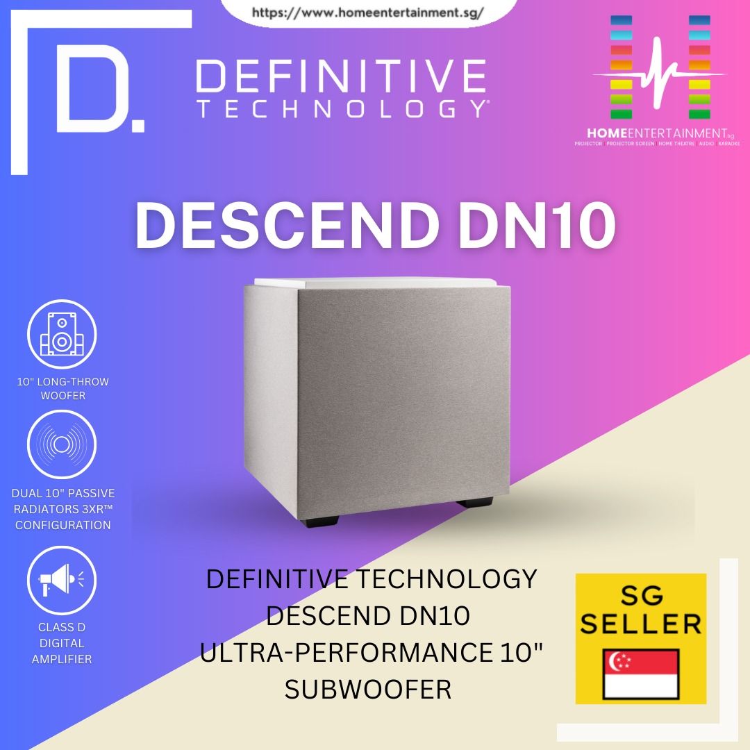 DEFINITIVE TECHNOLOGY DESCEND DN10 ULTRA-PERFORMANCE 10" SUBWOOFER (Category: Soundbars, Speakers & Amplifiers) located in Singapore. Submitted by HomeEntertainment.sg (Listing ID 1366837906, Image 1). Description: The Descend DN10 delivers deep, dynamic bass with its innovative 3XR™ Architecture, combining a 10" long-throw woofer and dual 10" passive radiators to provide three times the bass-producing surface area of traditional ported subwoofer