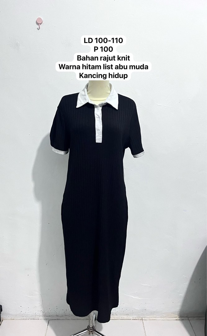 DRESS BAHAN RAJUT KNIT BERKERAH WARNA HITAM Black Dress KANCING HIDUP ...