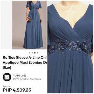 Dusty Blue Chiffon Butterfly sleeves Wedding Guest Maxi dress /gown