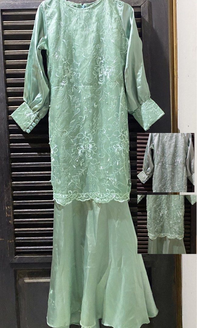 KEBAYA GRADUATION DRESS SAGE LENGAN BALON INC BELT + HIJAB, Fesyen Wanita,  Pakaian Wanita, Lainnya di Carousell