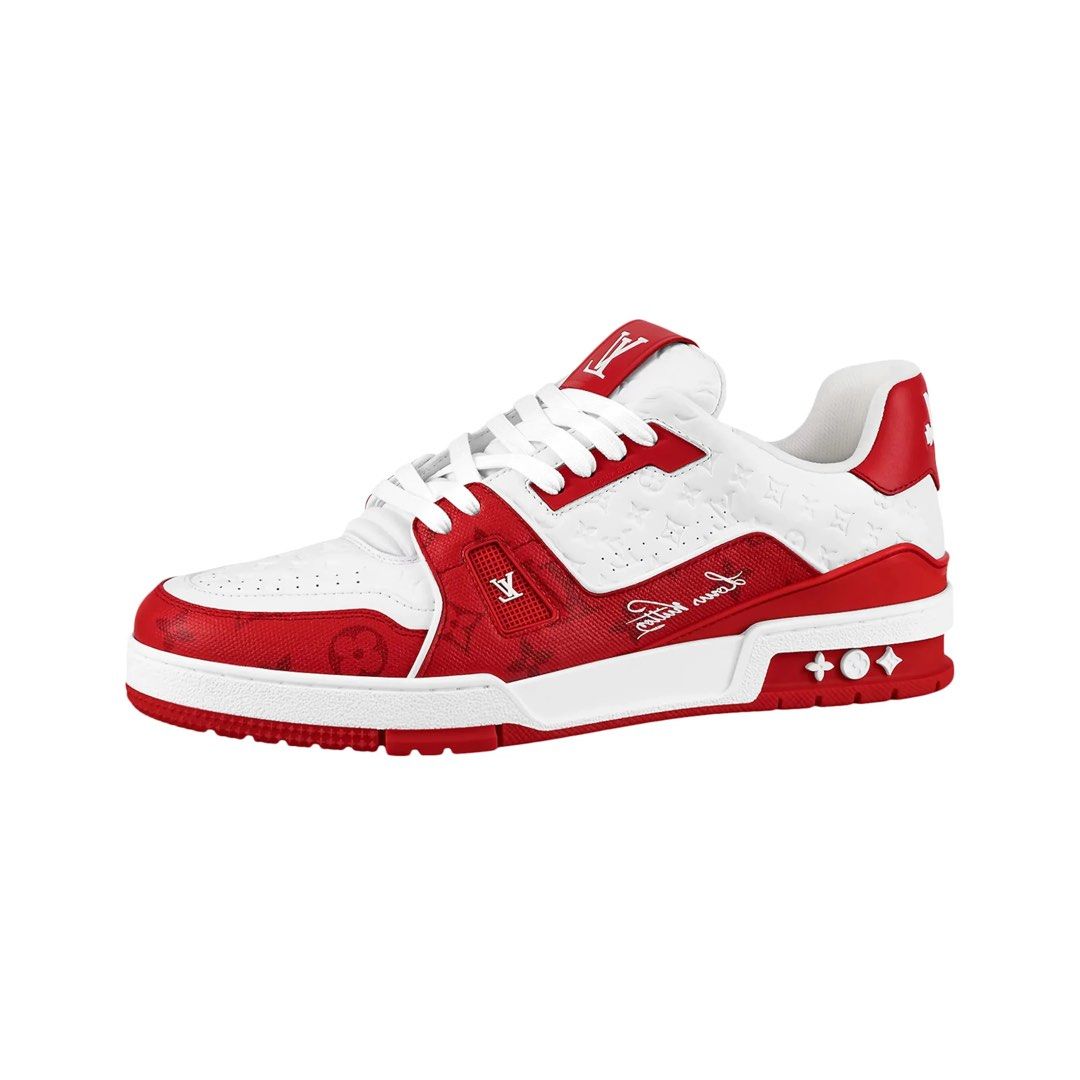 Louis Vuitton Trainer #54 | Signature Red White (Category: Sneakers) located in Paranaque City. Submitted by robwinchannn (Listing ID 1366848742, Image 1). Description: The Louis Vuitton LV Trainer Monogram Denim White and Red is a stylish and versatile sneaker that combines the iconic LV monogram with a white and red leather construction. The white and red colorway adds a pop of color to any outfit, making it perfect for both casual and formal o