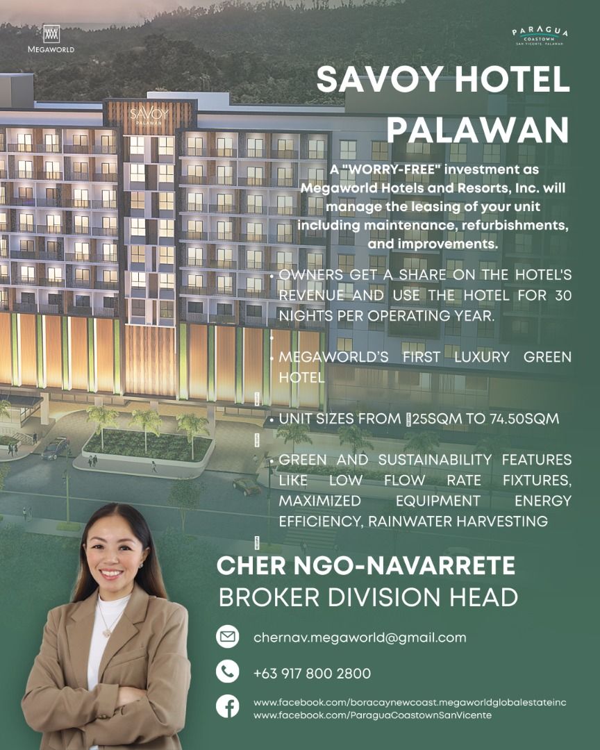 Savoy Hotel Palawan (Category: Apartments & Condos) located in Quezon City. Submitted by cloverphrealty (Listing ID 1366776297, Image 2). Description: 🌴 Own a Piece of Paradise at SAVOY HOTEL PALAWAN 🌴 A Premier Megaworld Hotel Project – Now Open for Co-Ownership! Experience the rare opportunity to become a co-owner of a luxury hotel in one of the world’s most breathtaking destinations – Palawan. With Megaworld Hotels & Resorts at the helm, you