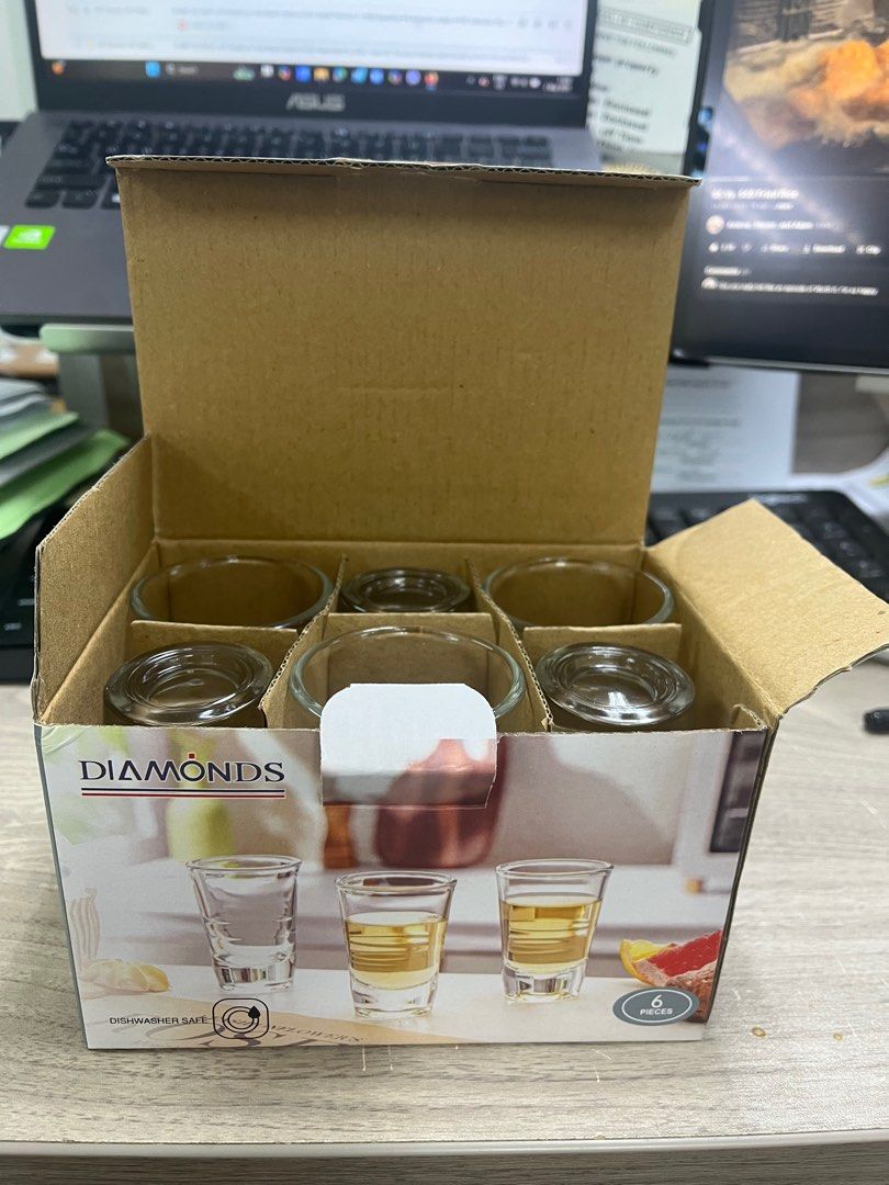 Shotglass (1 box with 6 pieces) (Category: Other Kitchenware & Tableware) located in Makati City. Submitted by ktobejas (Listing ID 1366770553, Image 1). Description: Brand new box of shot glasses RFS: Decluttering unused items at home.