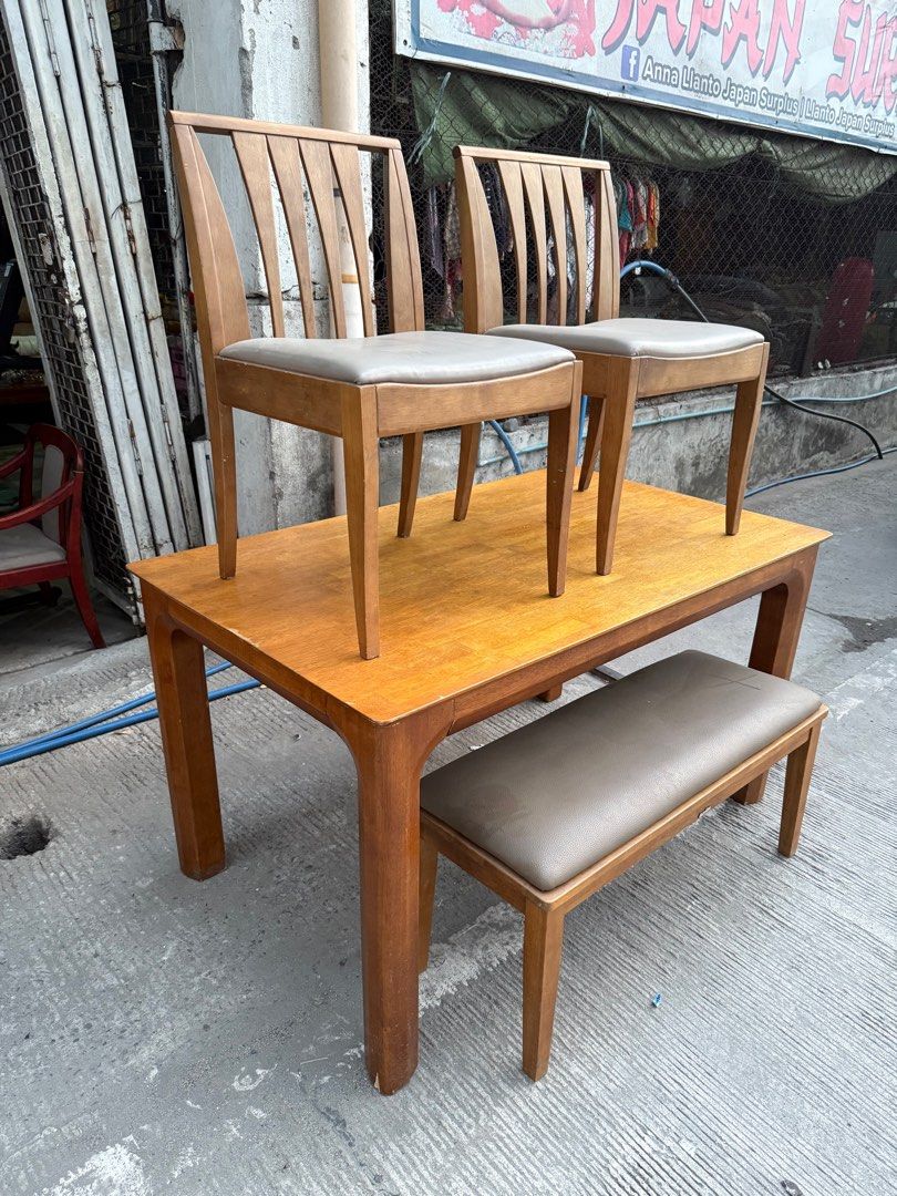 Solid wood dining table with bench and chairs (Category: Tables & Sets) located in Angeles City. Submitted by maryannmar33098 (Listing ID 1366800448, Image 3). Description: Excellent conditon solid wood No damage Libre varnish We do delivery nationwide .