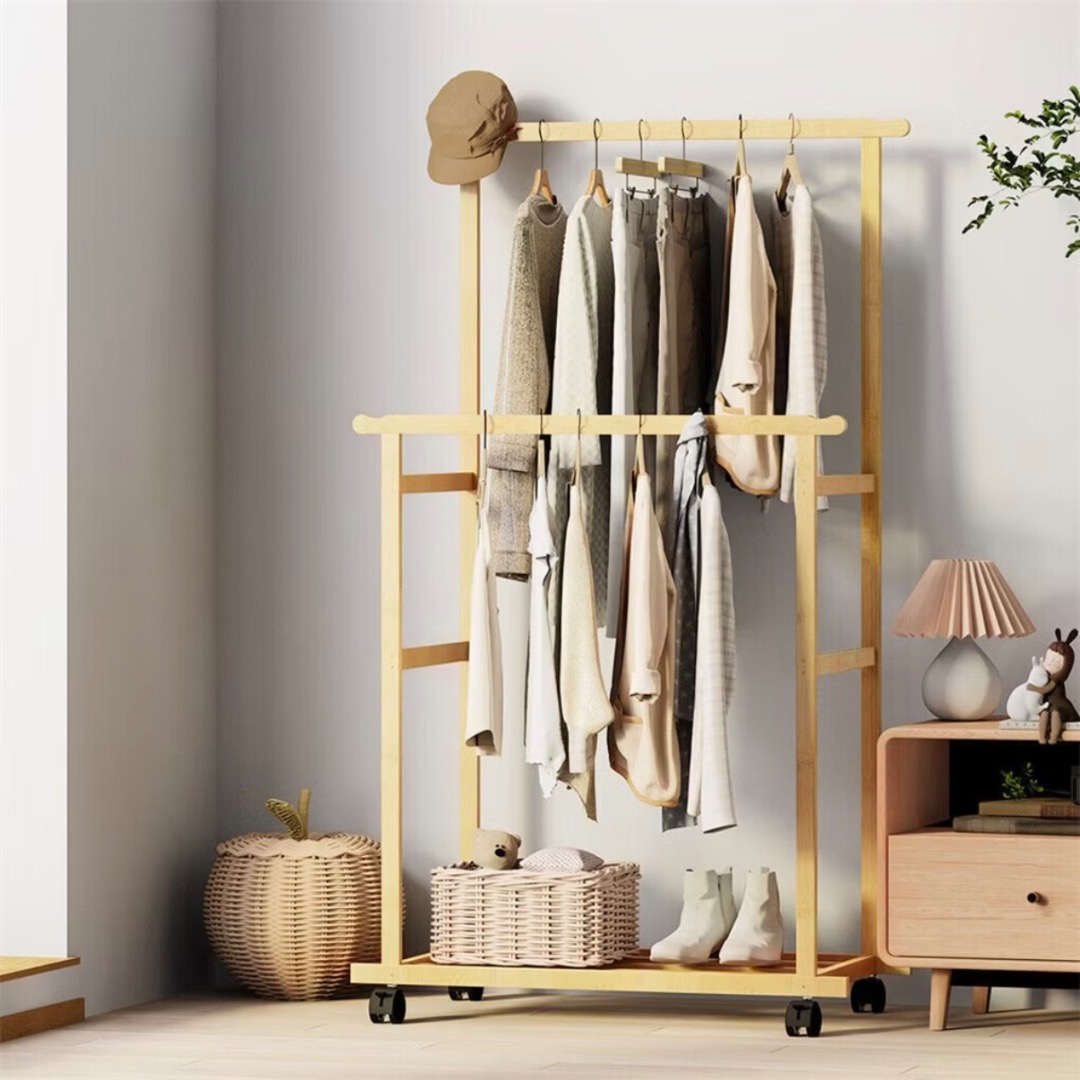 Wooden Clothes Hanger Rack | Double Rod Hanging Rack | Wheeled Garment ...
