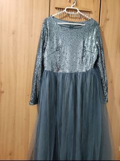 1XL Grey sequin tule dress floor length double lining party dress glitz and glamour