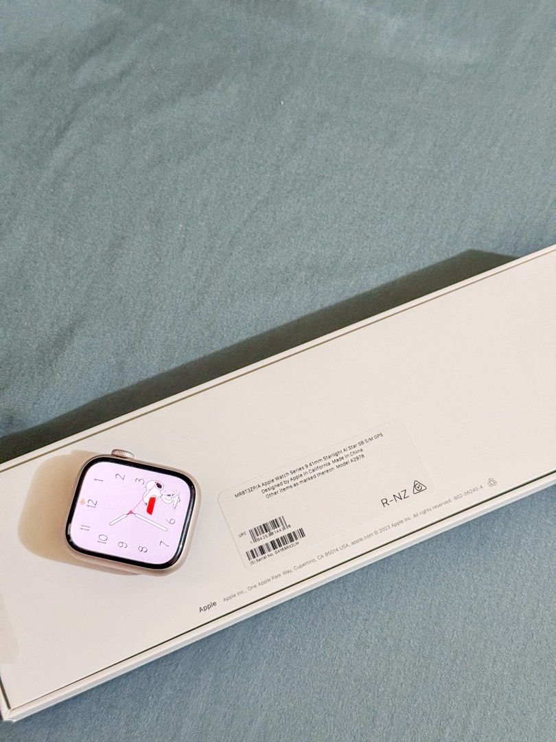 Apple Watch Series 9 (41 mm Starlight) (Category: Wearables & Smart Watches) located in Subic. Submitted by declutterwmeeeee (Listing ID 1370082737, Image 2). Description: Apple Watch Series 9 (41 mm Starlight) S/M GPS - complete box - charger cord - watch unit • 9/10 condition • 95% battery health Will give free straps (from orange app) Rfs: will buy Garmin watch.
