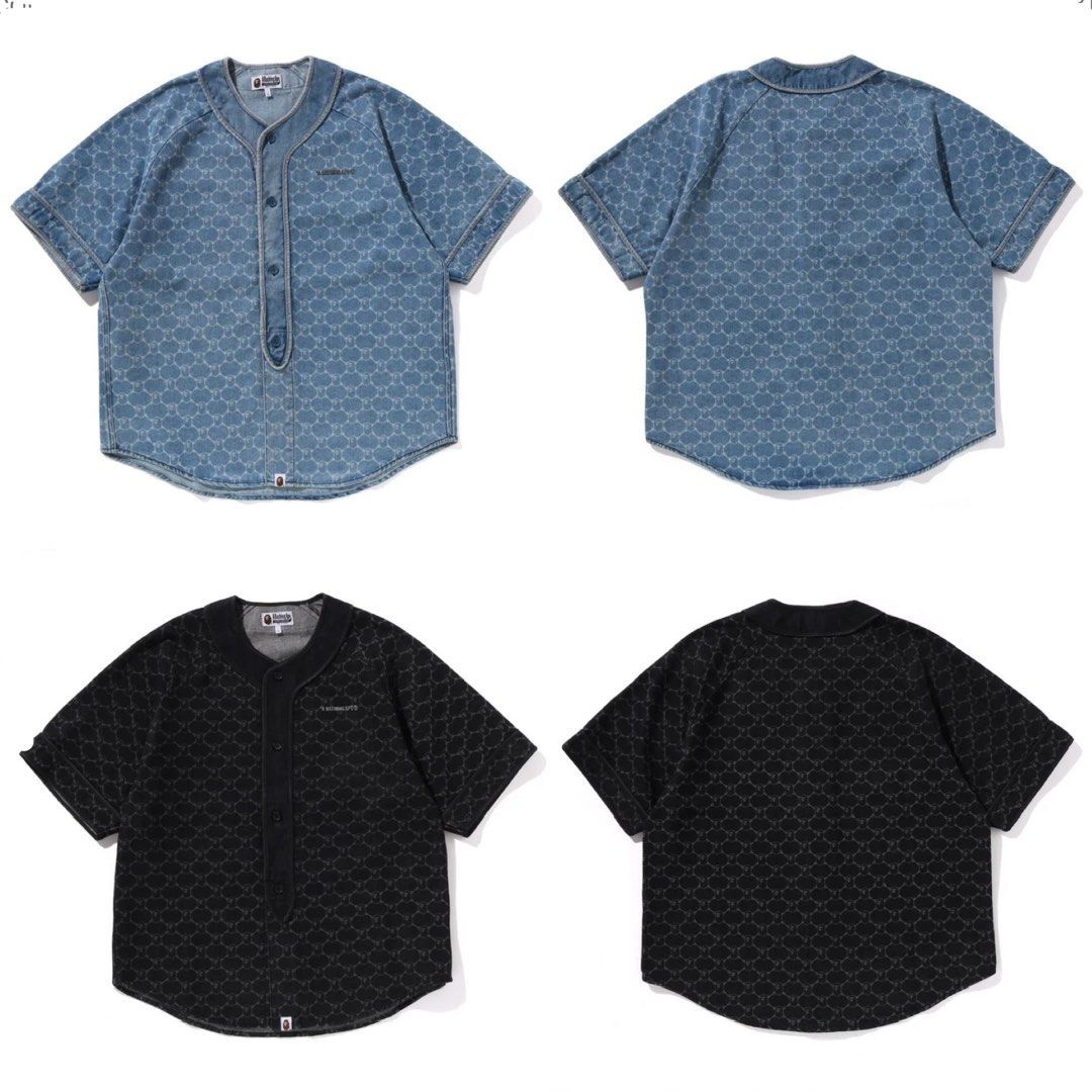 BAPE COLLEGE MONOGRAM BASEBALL SS DENIM SHIRT, Men's Fashion