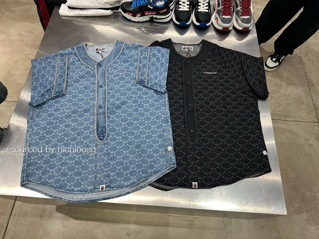 BAPE COLLEGE MONOGRAM BASEBALL SS DENIM SHIRT, Men's Fashion
