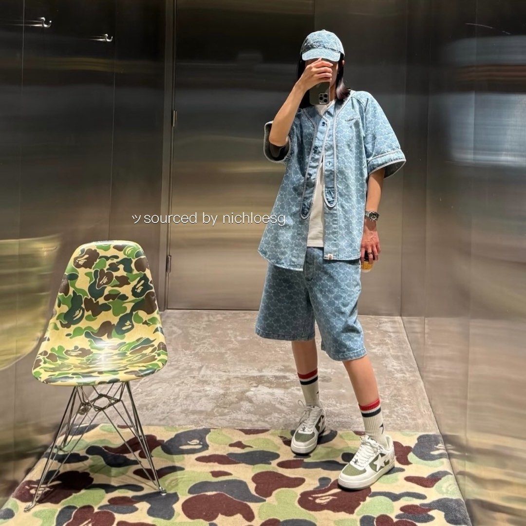 BAPE COLLEGE MONOGRAM BASEBALL SS DENIM SHIRT, Men's Fashion
