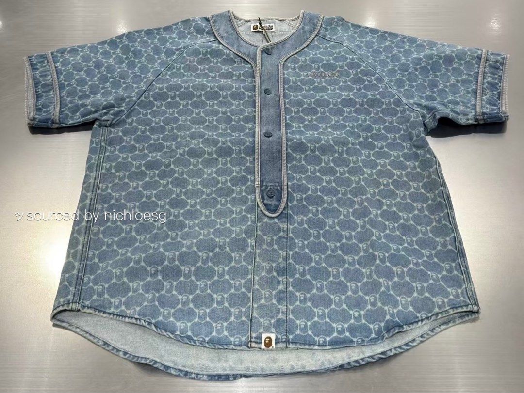 BAPE COLLEGE MONOGRAM BASEBALL SS DENIM SHIRT, Men's Fashion