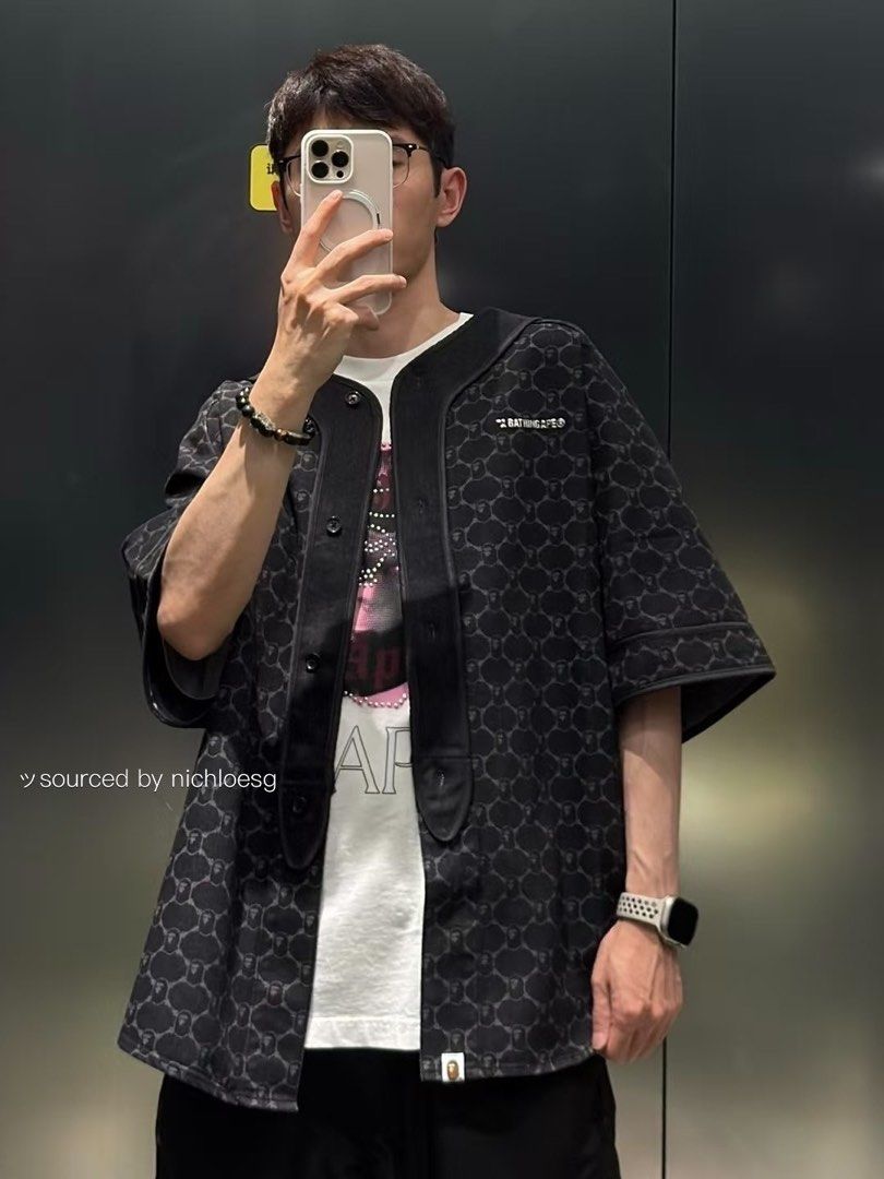 BAPE COLLEGE MONOGRAM BASEBALL SS DENIM SHIRT, Men's Fashion