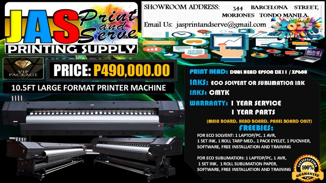 Brand New 10.5ft Large Format Printer Machine, Tarpaulin Printer Machine, Eco Solvent Printer, Sticker Printer, Sublimation Printer (Category: Printers, Scanners & Copiers) located in Quezon City. Submitted by joemhelbarros272612 (Listing ID 1370113252, Image 1). Description: Supplier here! Looking for top-quality printing equipment and supplies? Look no further than JASPrint And Serve Printing Supply! We're easy to find and always ready to serve