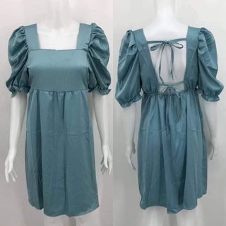 BRAND NEW SILK SATIN BACKLESS PUFF SLEEVE TEAL BLUE ELEGANT PARTY MINI KNEE LENGTH  DRESS