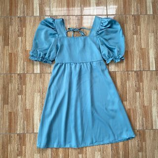 BRAND NEW SILK SATIN TEAL BLUE PUFF SLEEVE ELEGANT PARTY BACKLESS MINI KNEE LENGTH DRESS