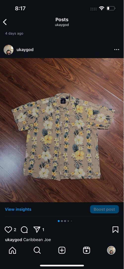 Carribean Joe (Category: Others Tops) located in Pasig City. Submitted by ukaygodd (Listing ID 1370186092, Image 1). Description: Caribbean Joe Hawaiian Shirt . Boxy fit, brown x yellow floral Semi oversized, no issue . Size L-XL L30.5 W26.5 P450.