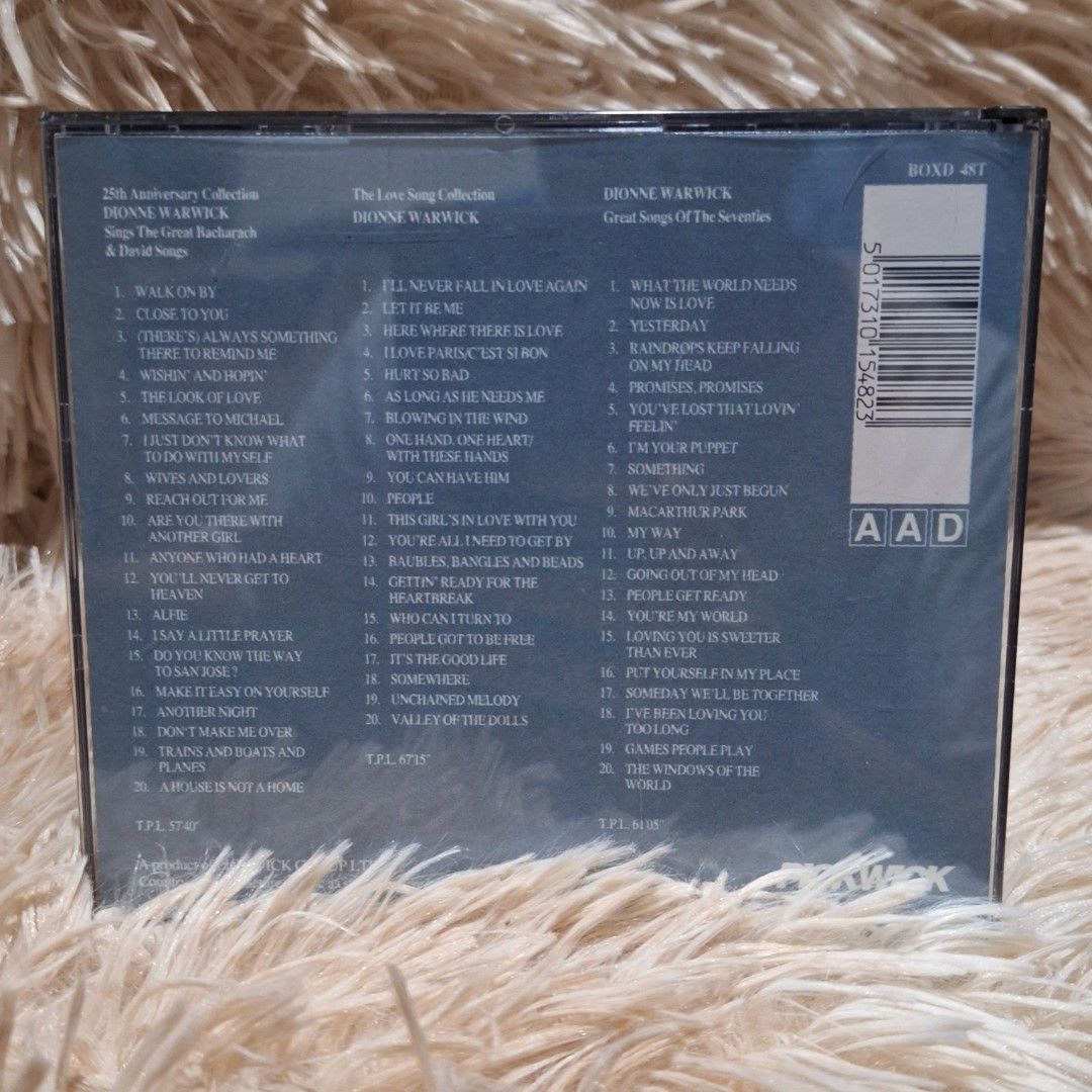 DIONNE WARWICK 3CD BOXSET (Category: CDs & DVDs) located in Caloocan City. Submitted by collectionsitems (Listing ID 1370214420, Image 2). Description: Welcome to our shop collection items MUSIC AND VIDEO STORE! 👝Posted items are on hand. 💿🎧🎵💽🎷📽🎥 CD'S / DVD's Books & VINYL are all imported made in uk our local opm album and original in mint to nearmint & unsealead sealed brand new 🛒Pls add to cart to check stocks availability. 💵We sell 