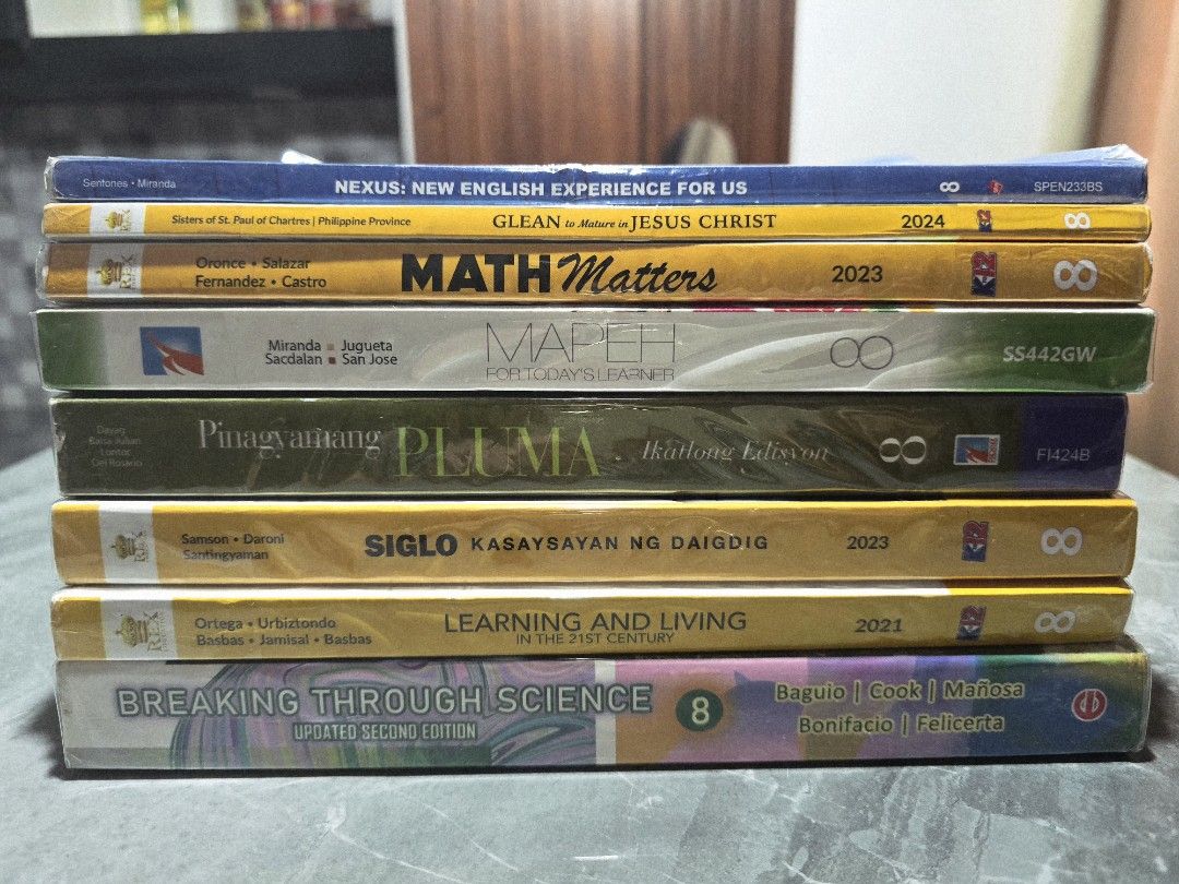 Grade 8 Books (Category: Textbooks) located in Bulacan. Submitted by mich.sells. (Listing ID 1370122863, Image 2). Description: Grade 8 Used Books ▪︎ Breaking Through Science - P490 (Updated 2nd Edition) ▪︎ MAPEH fornToday's Learner - P450 ▪︎ Math Matters (New Edition) - P380 ▪︎ Siglo Araling Asyano (AP) - P390 ▪︎ Learning and Living (TLE) - PP350 ▪︎ Pinagyamang Pluma (Fil 3rd Ed) - P550 ▪︎ Nexus New English Experience For Us - P300 ▪︎ Glean to M
