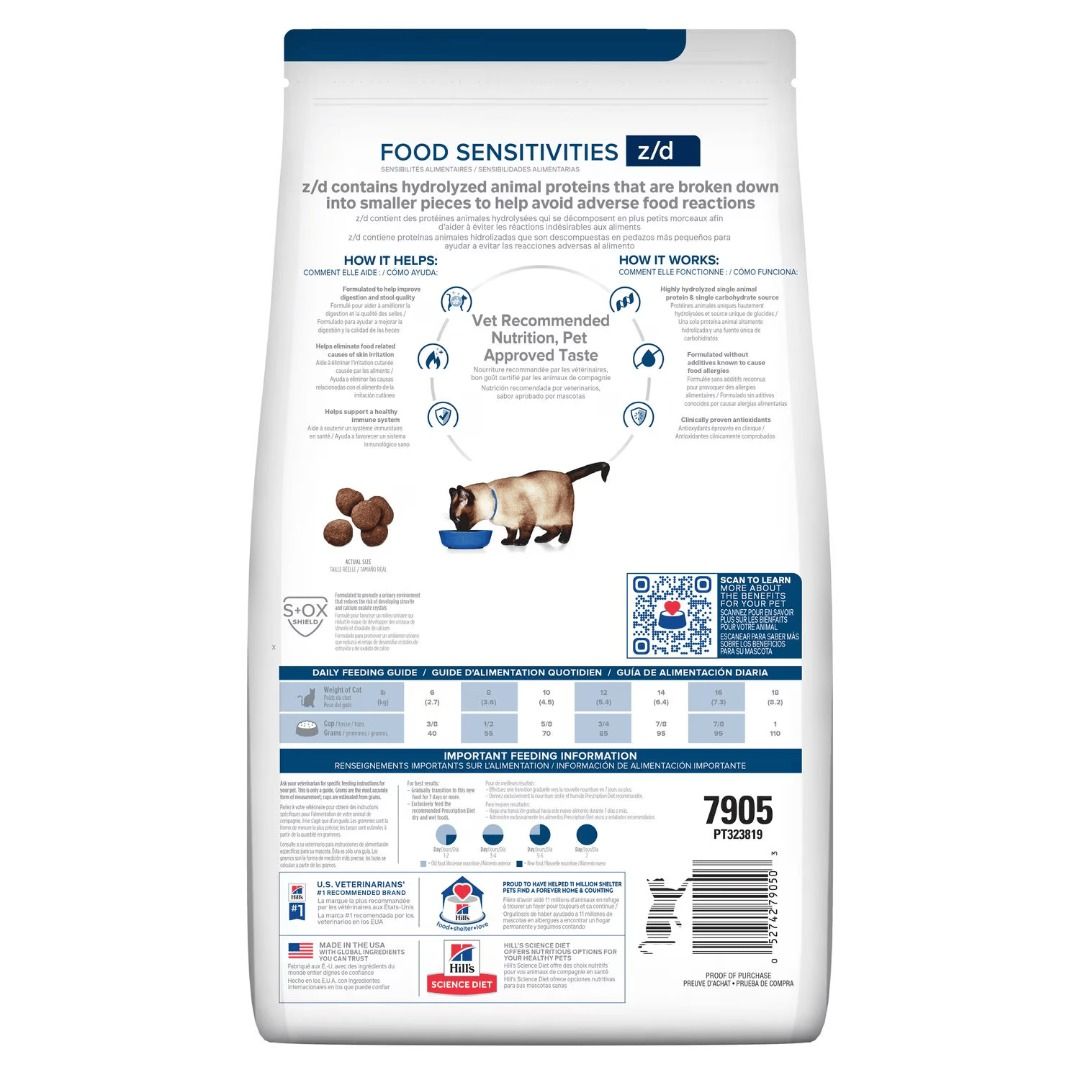 Hill's Prescription Diet Food Sensitivities z/d Dry Cat Food 1.81kg (Category: Pet Food) located in Singapore. Submitted by pawspro (Listing ID 1370147915, Image 2). Description: Hill's Prescription Diet z/d Dry Cat Food AVAILABLE SIZES 1.81kg With hydrolyzed protein to help avoid adverse food reactions in cats and promotes healthy skin NEED/PREFERENCE: Skin Care FLAVOR: Original Flavor ● KEY BENEFITS Food sensitivities and intolerance are potent