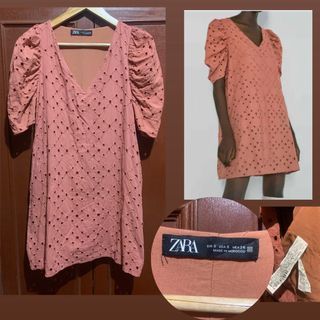 ZARA Rust Orange Brown V-Neck Eyelet Mini Dress - Casual Formal Event Party Outfit Dress