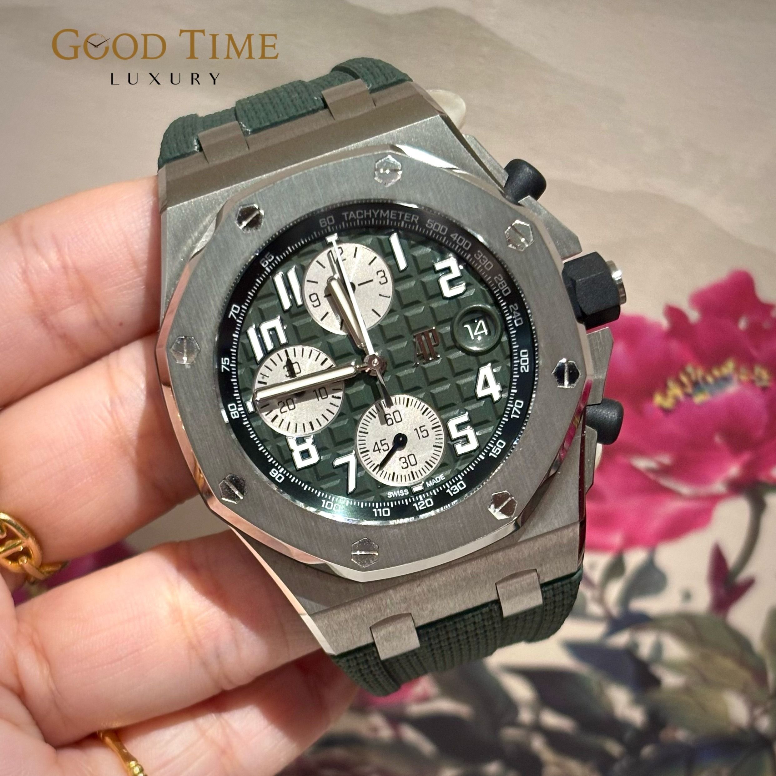 2022 Audemars Piguet Offshore 42 Green Titanium 26238TI.OO.A056CA.01 26238TI (Category: Watches) located in Singapore. Submitted by goodtimeluxury (Listing ID 1370298764, Image 3). Description: Brand: Audemars Piguet Model: Offshore 42 Green Titanium 26238TI.OO.A056CA.01 26238TI Year: 2022 Box and Papers: Yes Description: Unpolished Very Mint Condition, Retails $57600 Payment mode: - Bank Transfer, Paynow, Cash - Additional 2.5% for one time cred