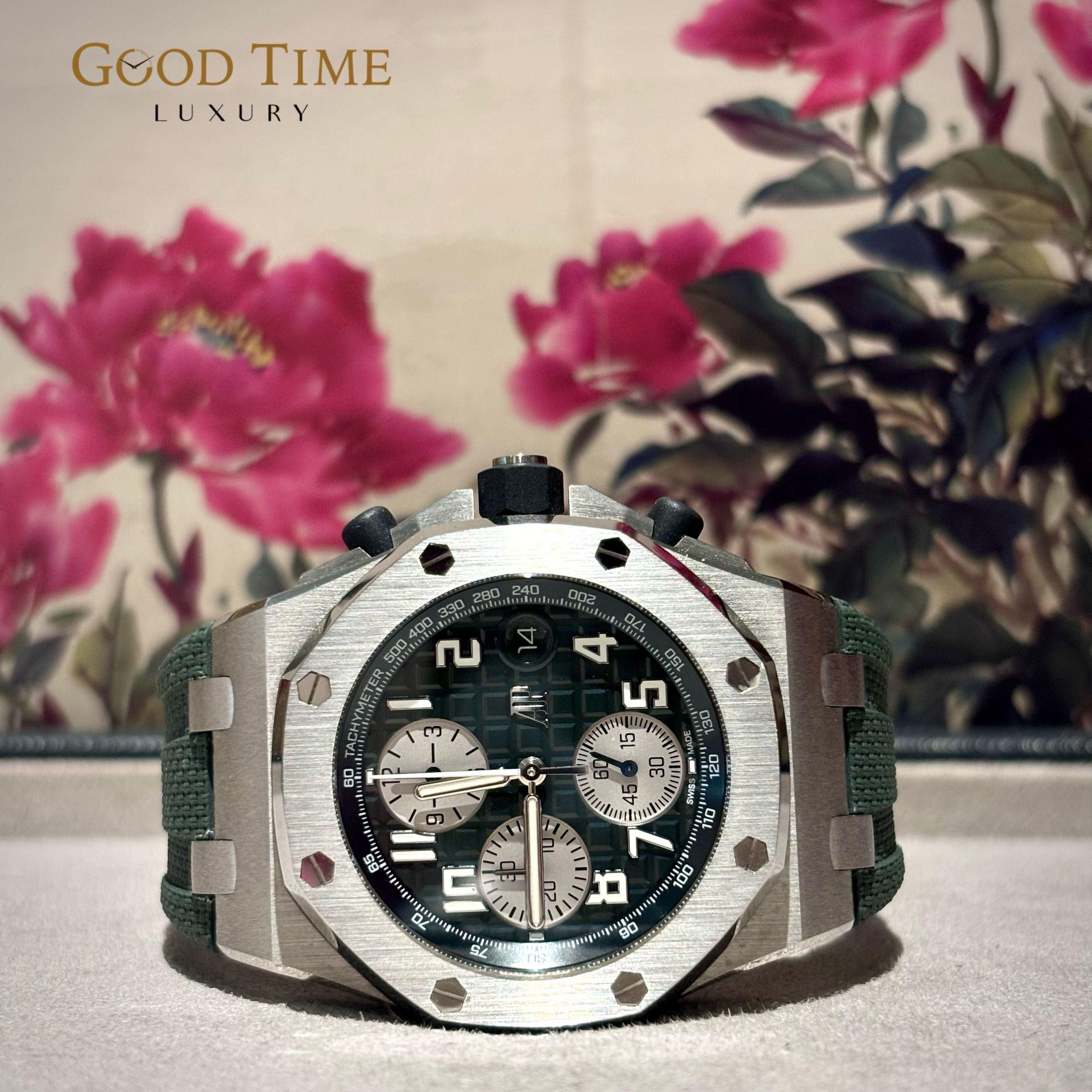 2022 Audemars Piguet Offshore 42 Green Titanium 26238TI.OO.A056CA.01 26238TI (Category: Watches) located in Singapore. Submitted by goodtimeluxury (Listing ID 1370298764, Image 1). Description: Brand: Audemars Piguet Model: Offshore 42 Green Titanium 26238TI.OO.A056CA.01 26238TI Year: 2022 Box and Papers: Yes Description: Unpolished Very Mint Condition, Retails $57600 Payment mode: - Bank Transfer, Paynow, Cash - Additional 2.5% for one time cred