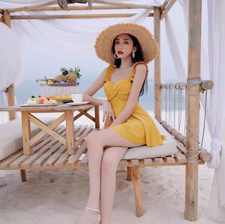 復古仙女遮肚腩高腰吊帶連身泳衣64207019408258110