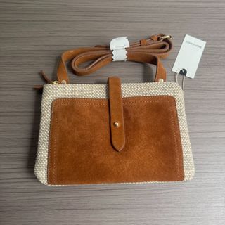 美國 MONOPRIX 啡色麂皮拼麻織布 斜咩袋64206603076099110