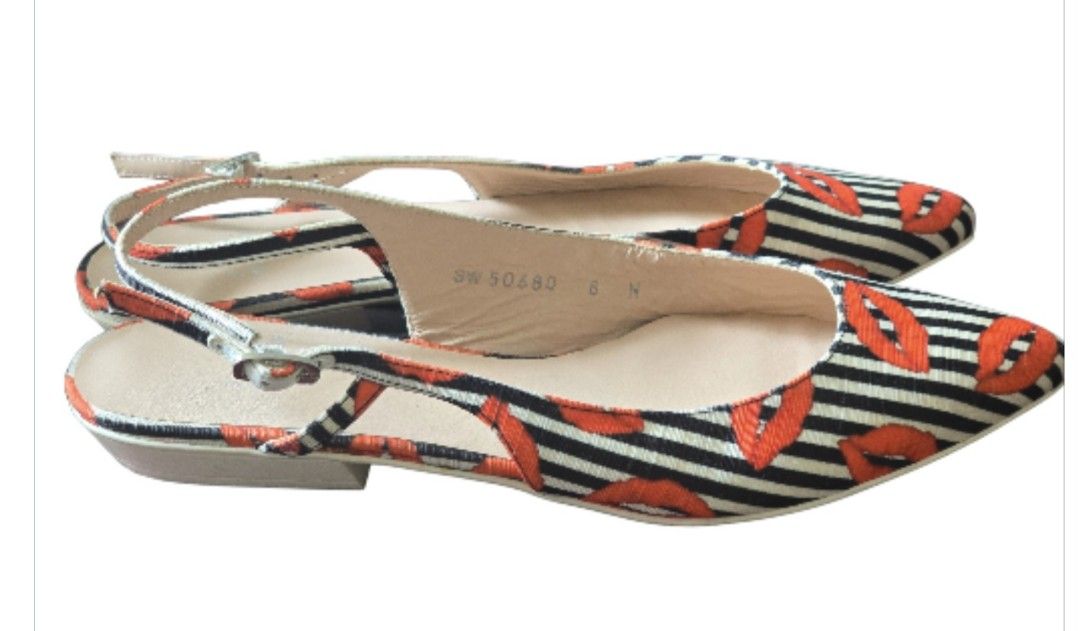 Auth Stuart Weitzman Stripe with Orange Lips Sling Back Kitten Heels 8 (Category: Heels) located in Muntinlupa City. Submitted by thriftstorypremiumshop (Listing ID 1370298763, Image 2). Description: auth Stuart Weitzman sling back kitten heels. slightly used in very good condition. size 8..