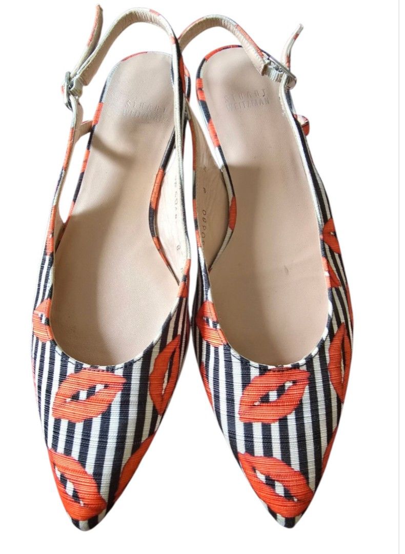 Auth Stuart Weitzman Stripe with Orange Lips Sling Back Kitten Heels 8 (Category: Heels) located in Muntinlupa City. Submitted by thriftstorypremiumshop (Listing ID 1370298763, Image 1). Description: auth Stuart Weitzman sling back kitten heels. slightly used in very good condition. size 8..