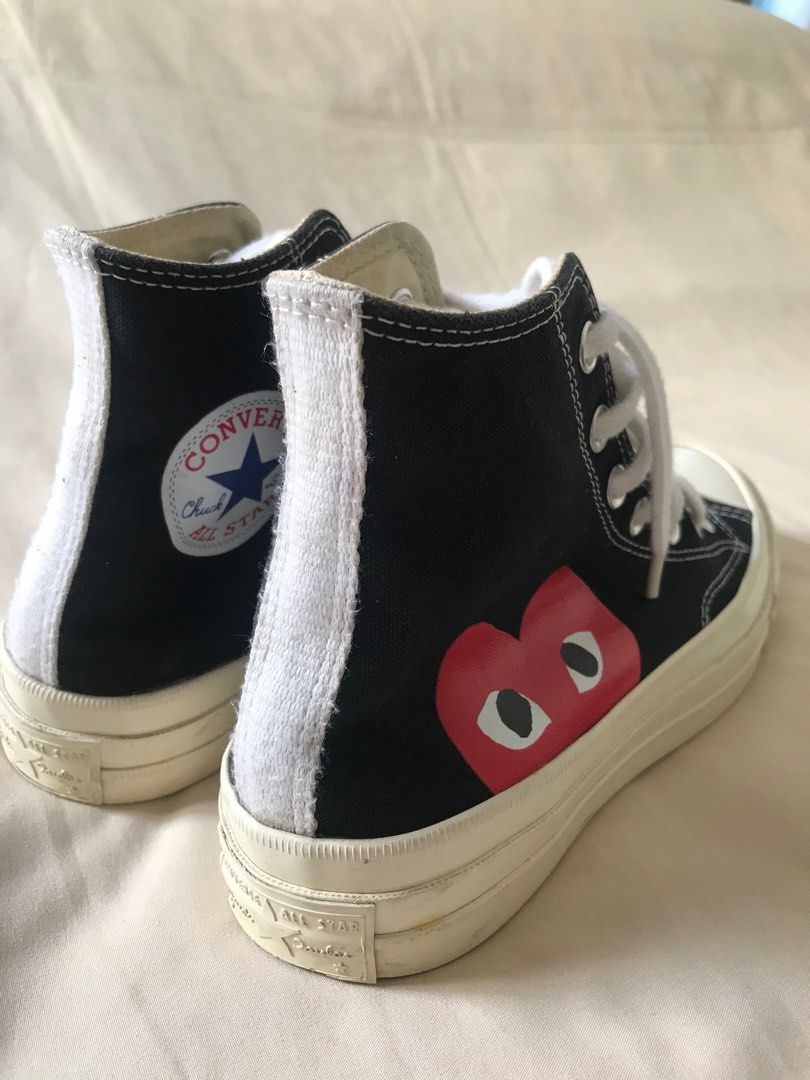 Converse Chuck Taylor X CDG (Category: Sneakers) located in Batangas. Submitted by rdgpreloved (Listing ID 1370429749, Image 2). Description: Unisex Converse Chuck Taylor High X Comme Des Garcons Men’s: 4.5 WO’s: 6.5 23.5 cm Guaranteed Authentic Very comfortable. No flaws only minimal normal signs of usage. No heel drags. No cracks on the CDG emblem. Already cleaned it. Washed the insole pads. 💵 GCASH/BDO 🚚 + SF via J&T 🏷Payment first Pay as y