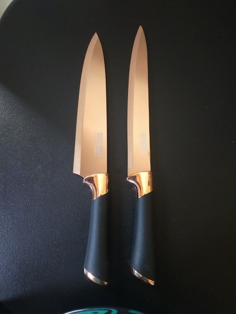 COOKWORKS COPPER KNIFE (Category: Dinnerware & Cutlery) located in Quezon City. Submitted by leejong720610 (Listing ID 1370268380, Image 3). Description: COOKWORKS Knives 8" Chefs knife 8" Slicer knife 5" Utility knife 3.5" Parring knife brand new set.