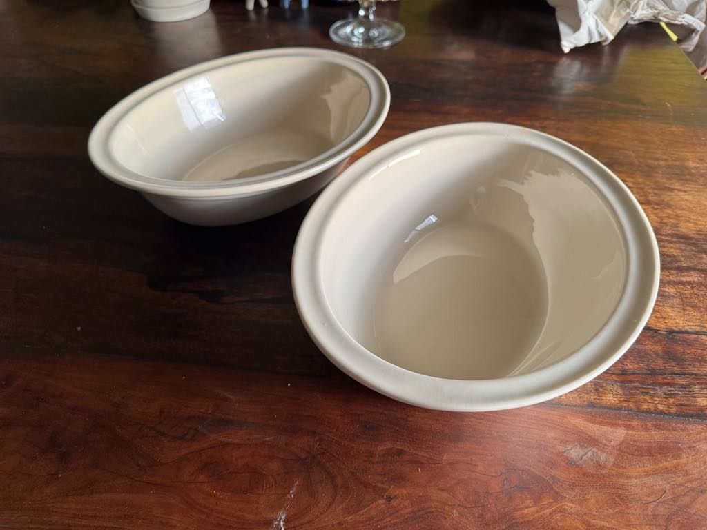 Large beige/bone ceramic salad bowls, serving plates (Category: Dinnerware & Cutlery) located in Marikina City. Submitted by chairladder (Listing ID 1370370965, Image 2). Description: Two (2) pieces of very large, clean salad bowls 13" long, 10.5" wide 3.5" deep New Old Stock. Purchased in the UK, stored. Excellent condition, no cracks, chips. Payment by cash, GCash or bank transfer - BDO, BPI & Metrobank. Thanks for looking!.