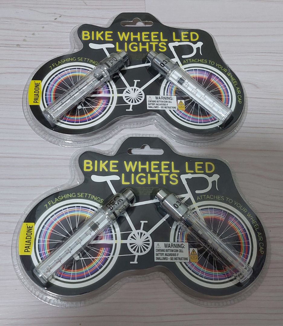 [NEW] Paladone Bike Wheel LED Lights (Category: Bicycles) located in Pasig City. Submitted by findingviolet (Listing ID 1370397613, Image 2). Description: [NEW] Paladone Bike Wheel LED Lights Brand: Paladone Features: 7 Flashing Settings, Attaches to your Bike Wheel Air Valve (Schrader Valve Only) Price: PhP 450 each (each set has 2 lights) Note: I have 2 sets each per variant (total of 4 sets) Mode of Payment: GCash / Maya / BPI Bank Transfer Sh