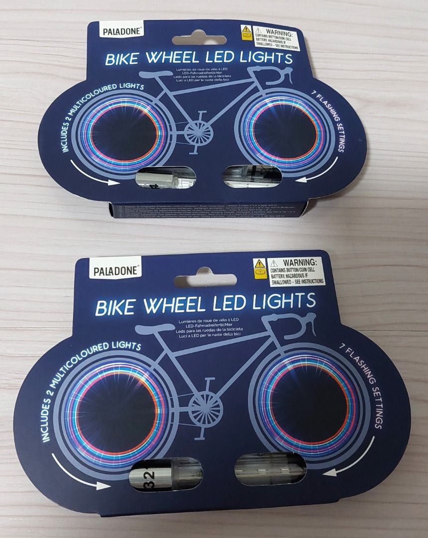 [NEW] Paladone Bike Wheel LED Lights (Category: Bicycles) located in Pasig City. Submitted by findingviolet (Listing ID 1370397613, Image 3). Description: [NEW] Paladone Bike Wheel LED Lights Brand: Paladone Features: 7 Flashing Settings, Attaches to your Bike Wheel Air Valve (Schrader Valve Only) Price: PhP 450 each (each set has 2 lights) Note: I have 2 sets each per variant (total of 4 sets) Mode of Payment: GCash / Maya / BPI Bank Transfer Sh