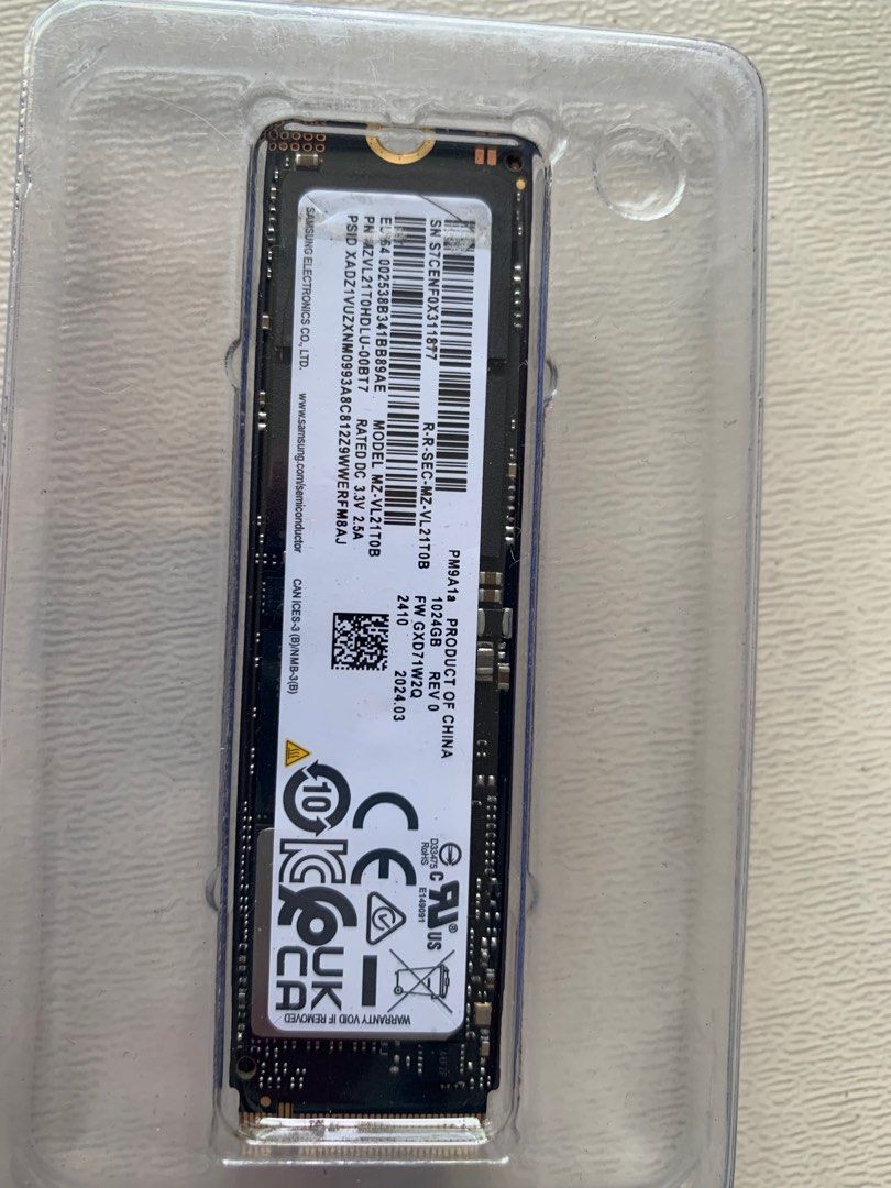 Samsung 1TB Brand-new unused nvme m.2 ssd (Category: Hard Disks & Thumbdrives) located in Singapore. Submitted by wsapp98353637 (Listing ID 1370308081, Image 1). Description: Model: PM9A1a Upgrade msi alpha laptop replaced, brand new unused..
