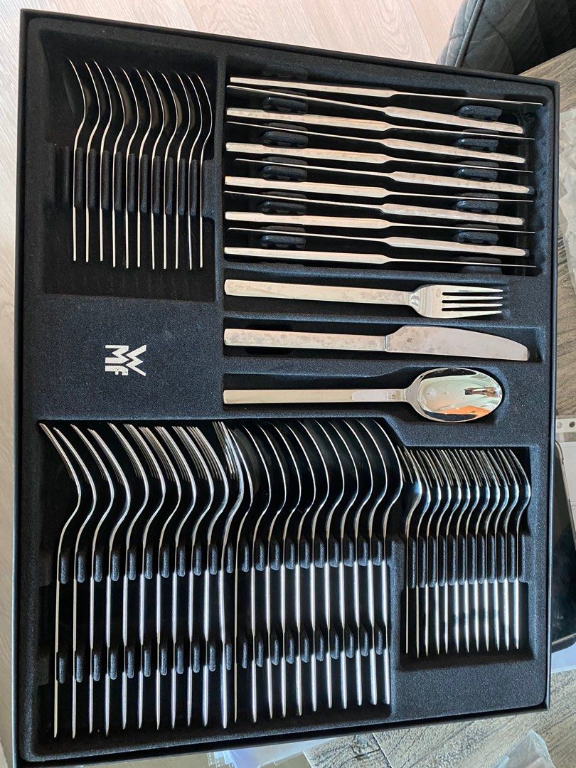 WMF silverware (Category: Dinnerware & Cutlery) located in Mandaluyong City. Submitted by envoguevintage88 (Listing ID 1370304663, Image 3). Description: Like new set of setting for 12. Missing one teaspoon. Bought this set myself from Frankfurt. Bespoke everyday tableware . 59 pcs total ( because of the missing teaspoon ) .