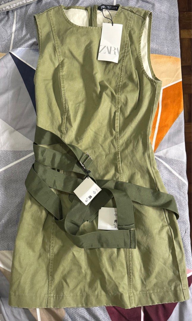 Zara Army Green Dress (Category: Dresses) located in Pasig City. Submitted by bnc511 (Listing ID 1370336705, Image 2). Description: Never worn! Completely brand new. SRP was 2995. Straps can be cut off! Rfs: Decluttering.