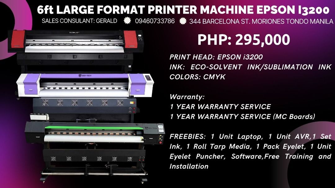 6ft Quality Stickers Eco-solvent printer machine/tarpaulin printer machine/sublimation printer machine (Category: Printers, Scanners & Copiers) located in Manila. Submitted by geraldhernandez7719 (Listing ID 1370438770, Image 1). Description: JASPrint And Serve Printing Supply – Your One-Stop Shop for Premium Printing Equipment! - Looking for top-quality printing equipment and supplies? Look no further than JASPrint And Serve Printing Supply! We'