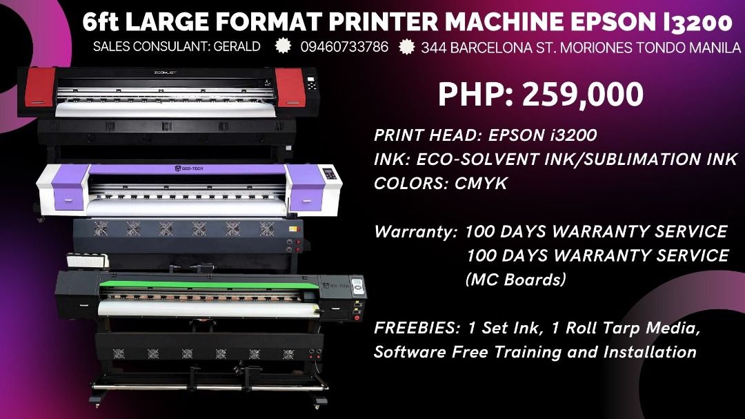 6ft Quality Stickers Eco-solvent printer machine/tarpaulin printer machine/sublimation printer machine (Category: Printers, Scanners & Copiers) located in Manila. Submitted by geraldhernandez7719 (Listing ID 1370438770, Image 3). Description: JASPrint And Serve Printing Supply – Your One-Stop Shop for Premium Printing Equipment! - Looking for top-quality printing equipment and supplies? Look no further than JASPrint And Serve Printing Supply! We'