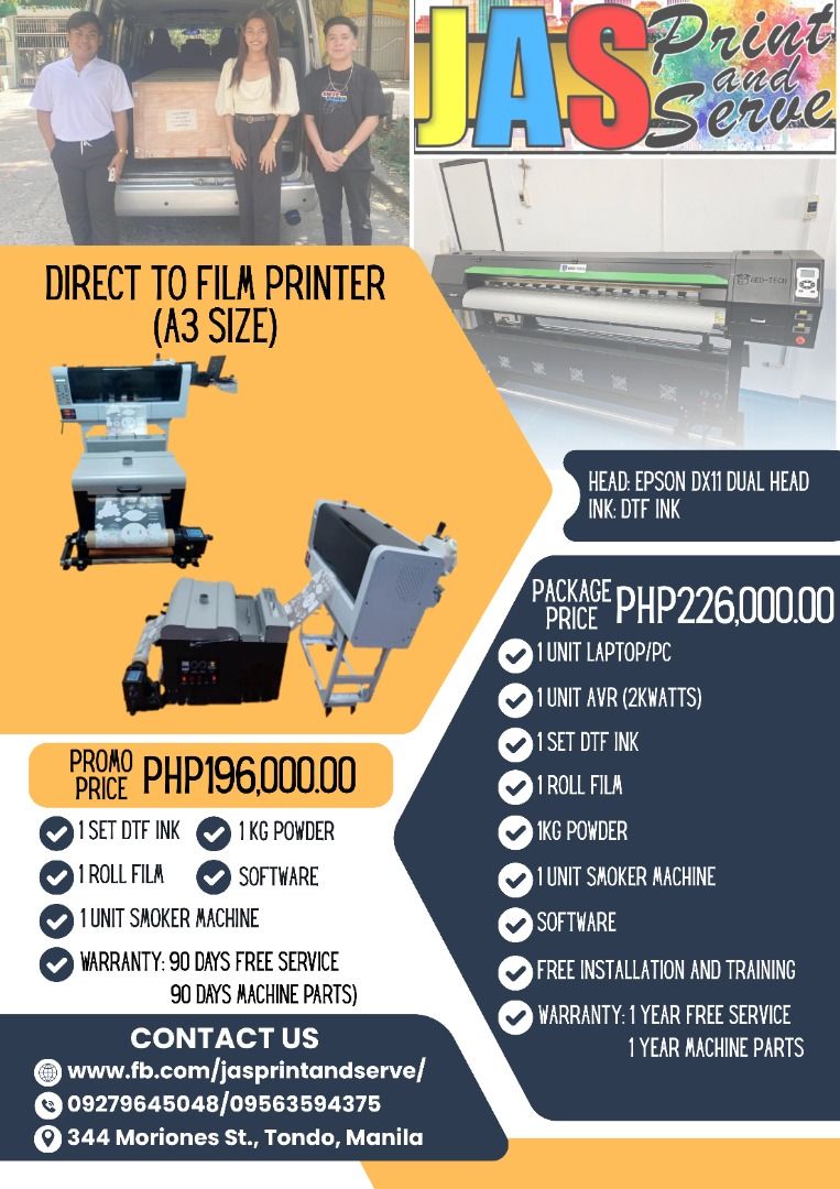 A3 Size Dtf Printer (Category: Printers, Scanners & Copiers) located in Manila. Submitted by abbyconde (Listing ID 1370482189, Image 1). Description: Printhead: DX11/i3200 *Application: Eco Solvent/Sublimation *Size: 6ft/10ft *with Warranty *Free Installation and Training *with lots of Freebies *After Sales Support!!! For more details, kindly contact; Name: Abby Conde Position: Sales Consultant Company: JASPRINT AND SERVE PRINTING SUPPLY Contact 