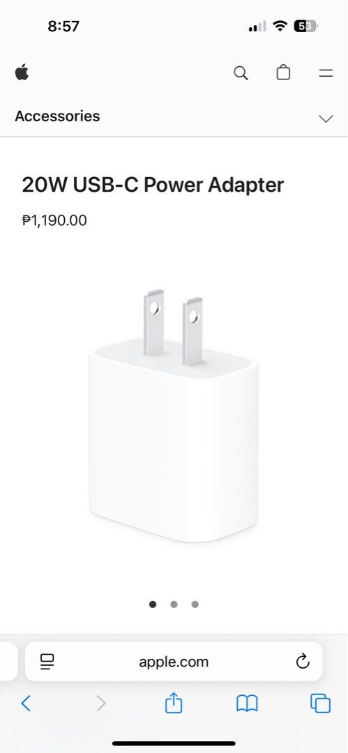 Apple 20W USB-C Power Adapter (Category: Chargers & Cables) located in Manila. Submitted by jean_closet (Listing ID 1370434430, Image 1). Description: Brandnew Authentic, bought at PowerMac DLSU.