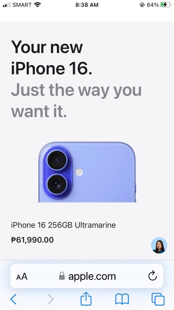 Brand New iPhone16 (Category: iPhone 16 Series) located in Manila. Submitted by nemieglori41209 (Listing ID 1370496119, Image 2). Description: Ultramarine.